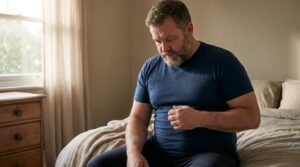 Man noticing chest fullness while getting dressed, considering gynecomastia surgery